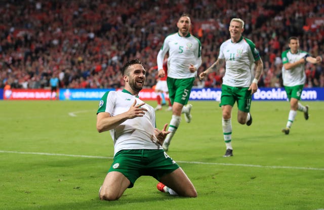Republic of Ireland defender Shane Duffy celebrates his equaliser in Copenhagen