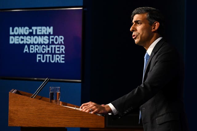 Prime Minister Rishi Sunak delivers a speech on the plans for net zero commitments in the briefing room at 10 Downing Street