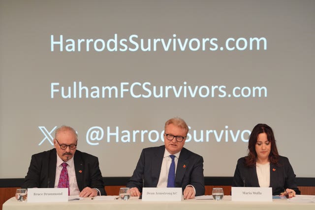 Bruce Drummond, Dean Armstrong KC and Maria Mulla, representing the Harrods Survivors group speak during a press conference