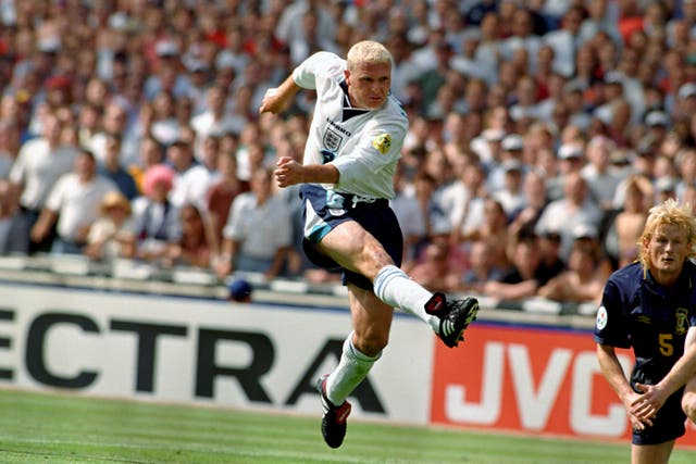Paul Gascoigne, pictured scoring his wonder goal against Scotland at Euro 96, produced some of his best moments in an England shirt