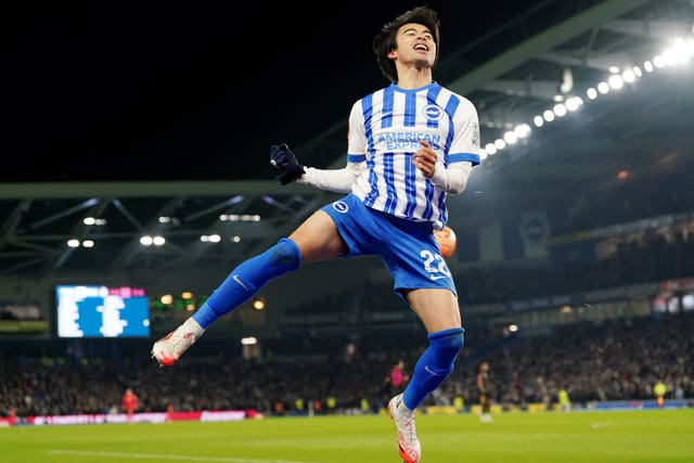 Brighton’s Kaoru Mitoma celebrates scoring 