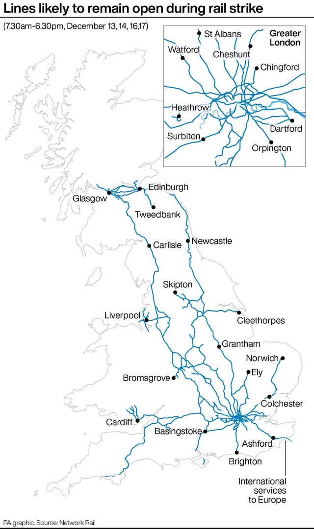 A graphic showing what lines will be open during rail strikes