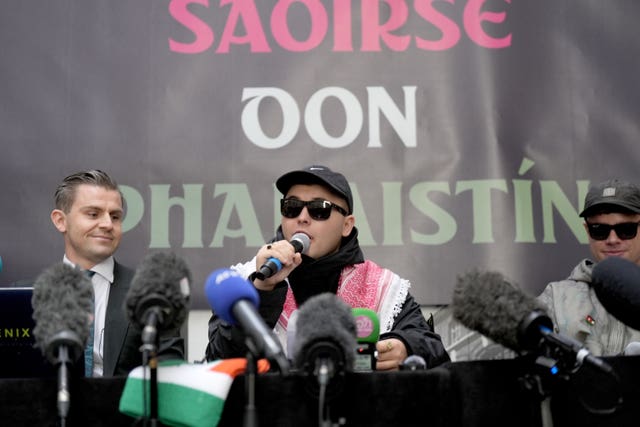 Kneecap’s Mo Chara speaks during a press conference 