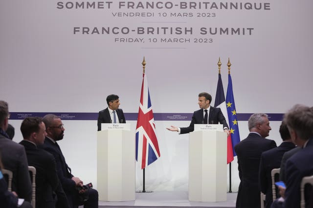 Prime Minister Rishi Sunak and President of France Emmanuel Macron during a joint press conference at the Elysee Palace