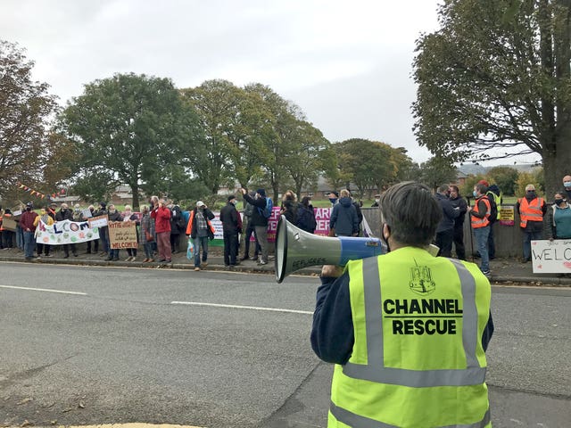 Pro-migrant demonstrators outside Napier Barracks in Folkestone