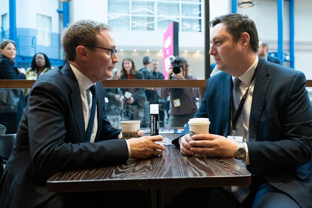 Tom Tugendhat and Lord Ben Houchen chat over a take-away coffee