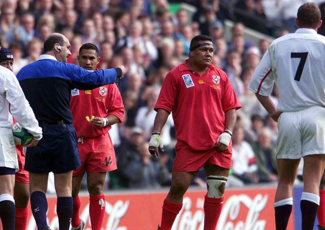 Tonga’s Ngalu Taufo’ou is sent off by referee Wayne Erickson