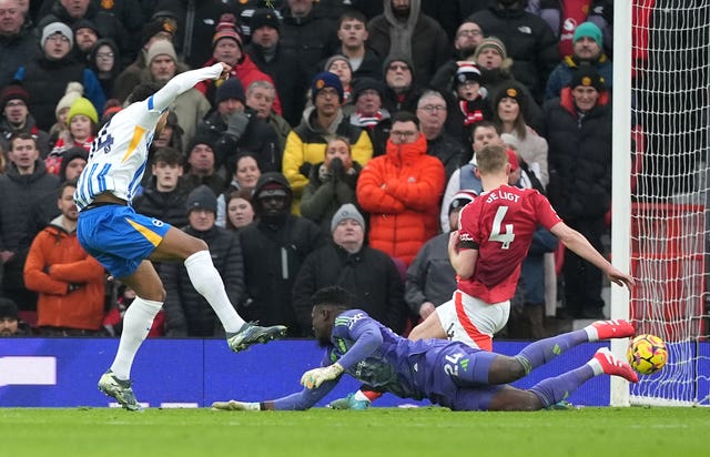 Brighton's Georginio Rutter scores Brighton's third goal at Old Trafford (Martin Rickett/PA)