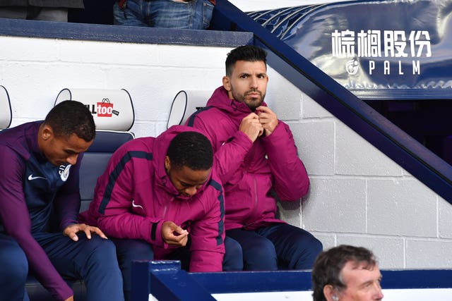 Manchester City’s Sergio Aguero on the bench during the Premier League match against West Brom