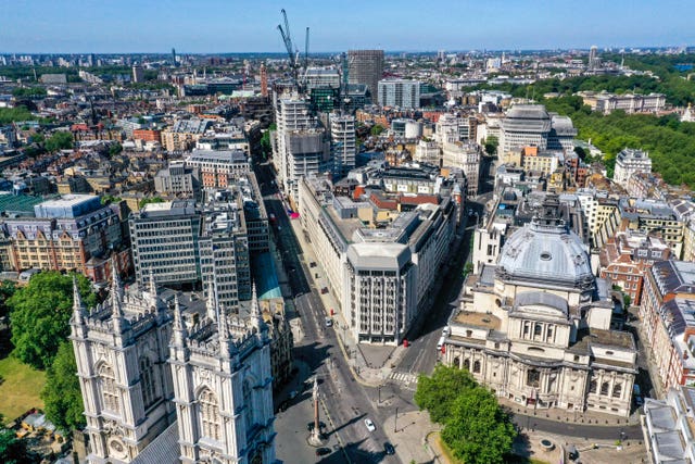 An aerial view of London, at the junction of Victoria Street and Tothill Street, showing Westminster Abbey (bottom left), the Crimea and Indian Mutiny memorial, the department for Education (top left), Barclays Bank (centre) and Methodist Central Hall on Storey’s Gate (right)