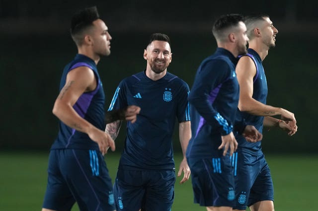 Lionel Messi (centre) in training with his Argentina team-mates on Saturday (Martin Rickett/PA).