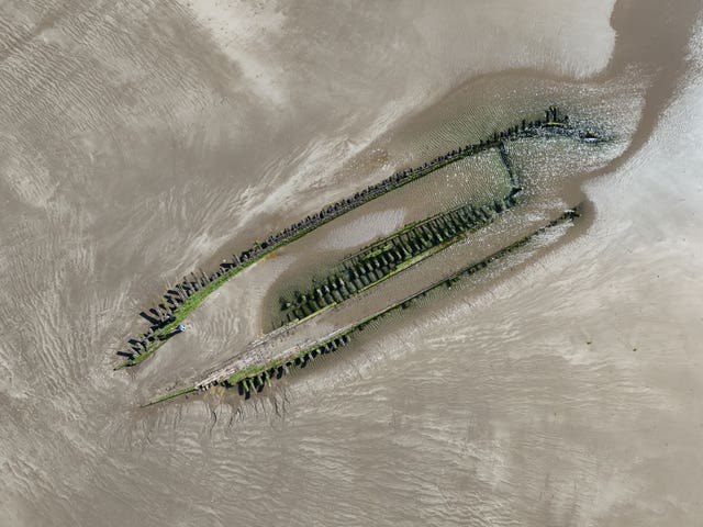 Shipwreck on the Cefn Sidan beach at Pembrey Country Park in Carmarthenshire, South Wales on May 29 2024 