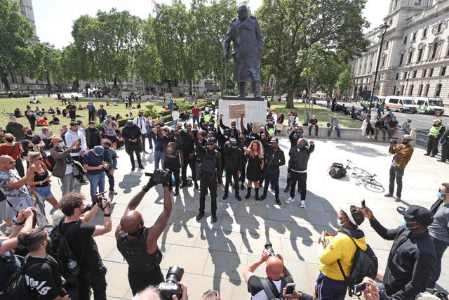 Black Lives Matter protesters at the Churchill statue in Parliament Square, London