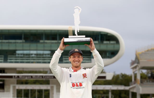 Essex's Tom Westley lifts the Bob Willis Trophy in its original guise in 2020.