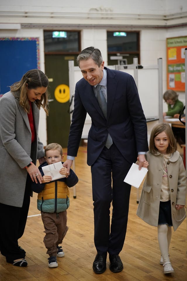 Taoiseach and Fine Gael leader Simon Harris casts his vote at Delgany National School, County Wicklow