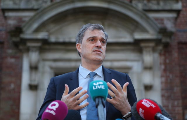 Northern Ireland Secretary Julian Smith speaks to the media at the beginning of talks to restore the Northern Ireland powersharing executive at Stormont House in Belfast