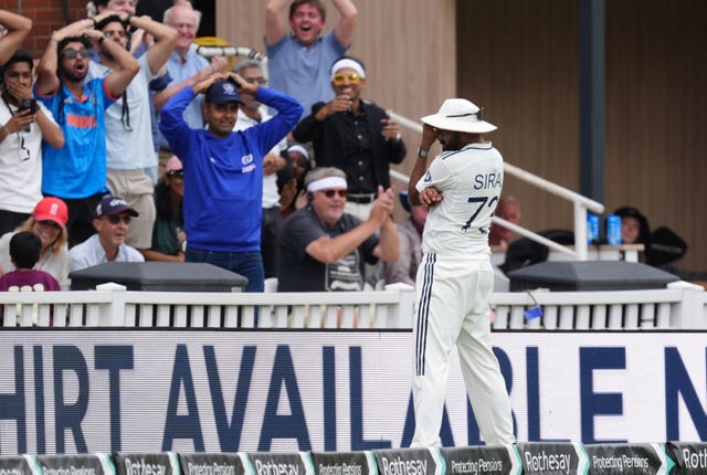 Mohammed Siraj put his head in his hands after catching Harry Brook but carrying the ball over the boundary for six