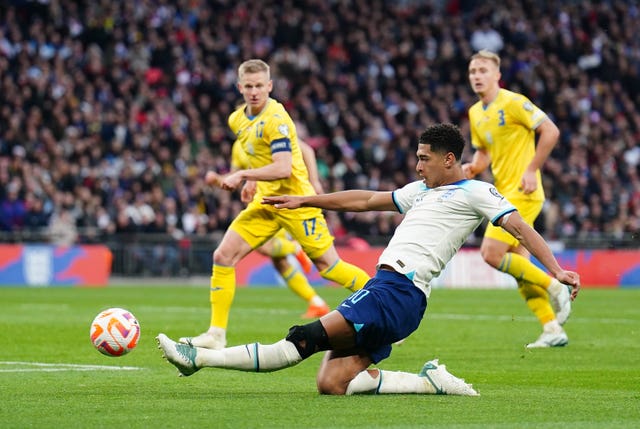 England’s Jude Bellingham attempts a shot against Ukraine