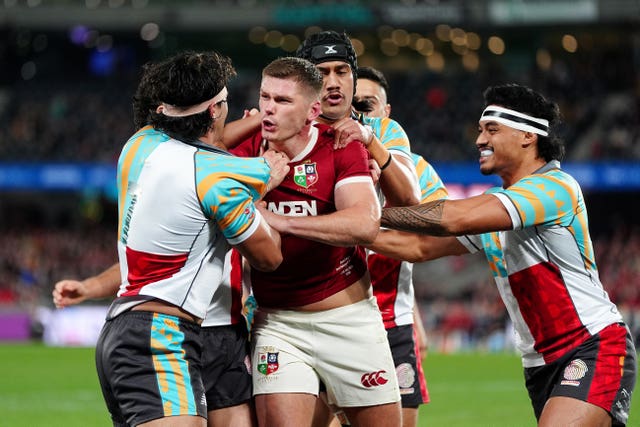 Tempers flare between Farrell and First Nations and Pasifika XV’s Charlie Gamble (left) during the game in Melbourne