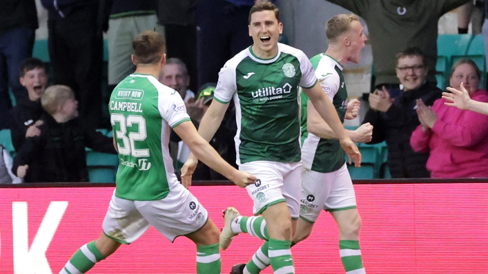 Paul Hanlon celebrates scoring Hibs’ fourth (Steve Welsh/PA)