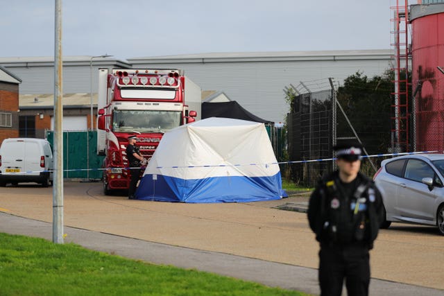 Police activity at the Waterglade Industrial Park in Grays, Essex, in 2019 after 39 bodies were found inside a lorry container on the industrial estate 