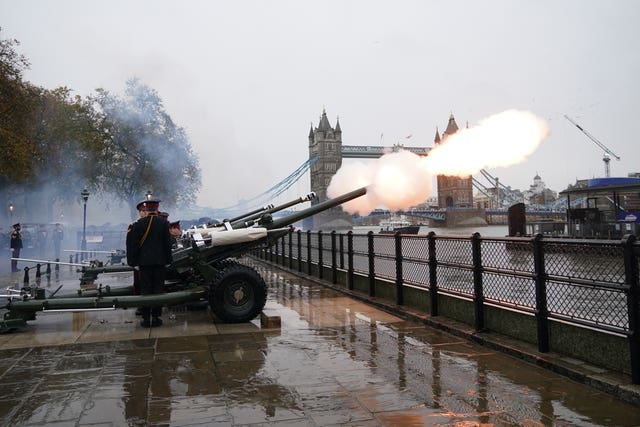 The Honourable Artillery Company, the City of London’s Reserve Army Regiment, fire a 62-gun salute at the Tower of London to mark the 75th birthday of the King