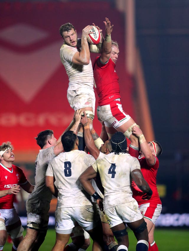 England’s Joe Launchbury wins the line out ball ahead of Wales' Alun Wyn Jones during the Autumn Nations Cup match