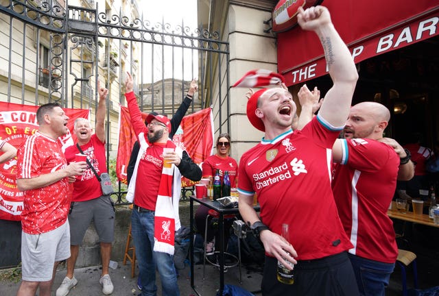 Liverpool fans at The Kop Bar in Paris ahead of Saturday’s Uefa Champions League final at the Stade de France