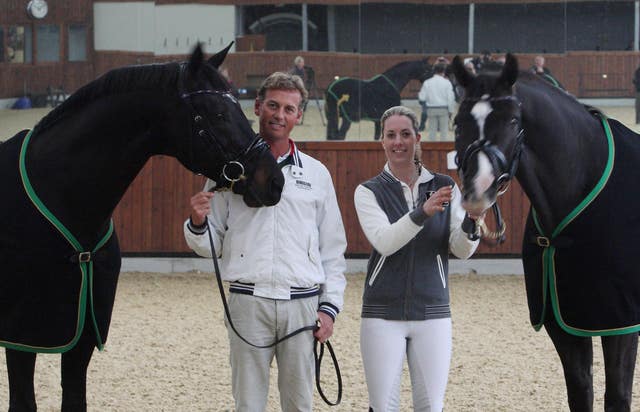 Great Britain dressage riders Carl Hester on the left with his horse Utopia and Charlotte Dujardin on the right with Valegro. 