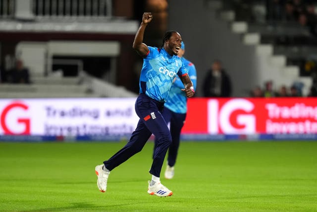 Jofra Archer celebrates the wicket of Australia's Glenn Maxwell