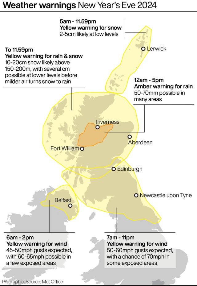 Map highlighting the parts of the UK affected by the weather warnings on New Year's Eve