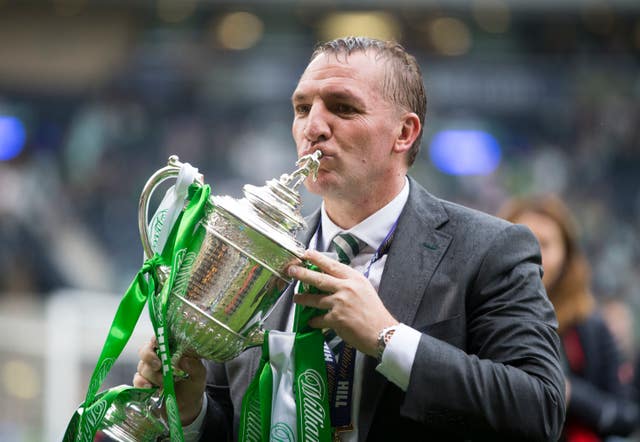 Brendan Rodgers with Scottish Cup after Celtic beat Aberdeen to complete a treble