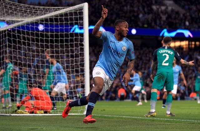 Sterling wheels away after turning in Kevin De Bruyne's drilled cross. It's now 3-2 to City on the night, with Spurs in front on away goals