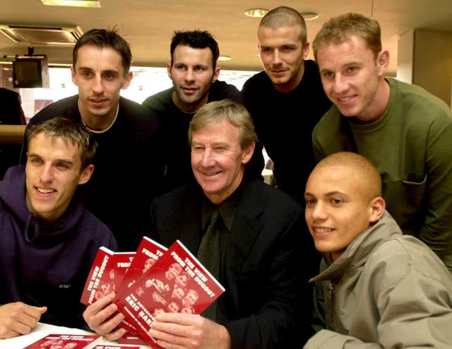 Harrison (centre) with his former Manchester United youth team players Gary Neville, Phil Neville, Ryan Giggs, David Beckham, Nicky Butt and Wes Brown