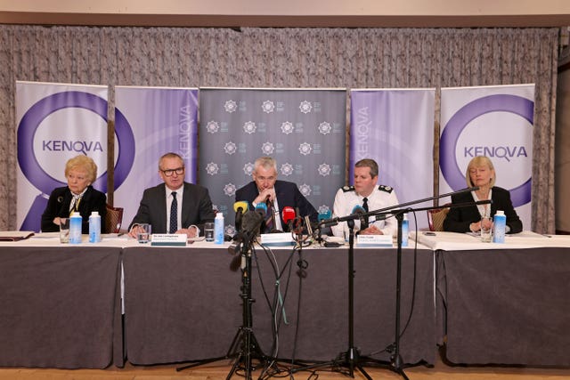 (left to right) Former police ombudsman for Northern Ireland, Baroness Nuala O’Loan, Officer in charge Operation Kenova, Sir Iain Livingstone, Chief Constable Jon Boutcher, Temporary Deputy Chief Constable Chris Todd, and former victims commissioner Judith Thompson 