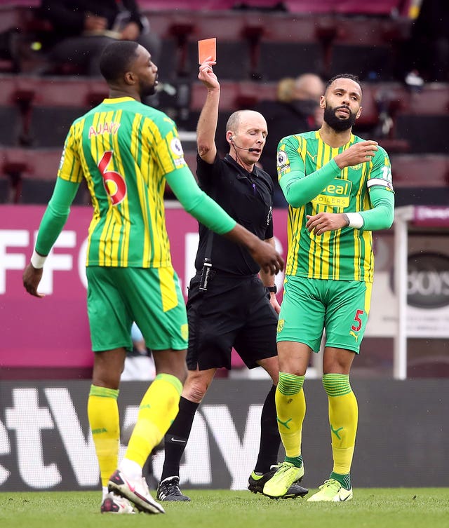 Semi Ajayi (left) was shown a red card for West Brom