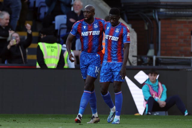 Crystal Palace’s Jean-Philippe Mateta (left) celebrates scoring the winner