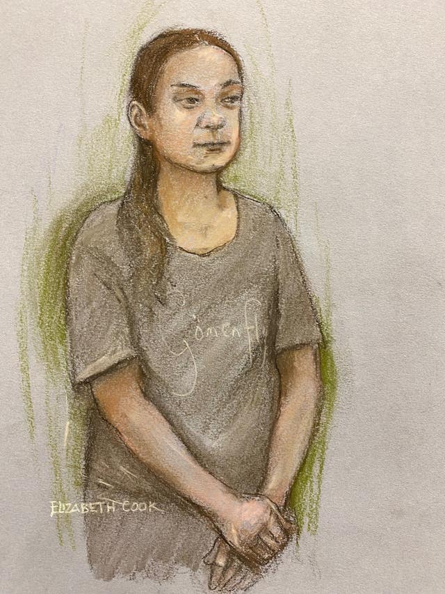 Court artist sketch of Greta Thunberg appearing at Westminster Magistrates’ Court 
