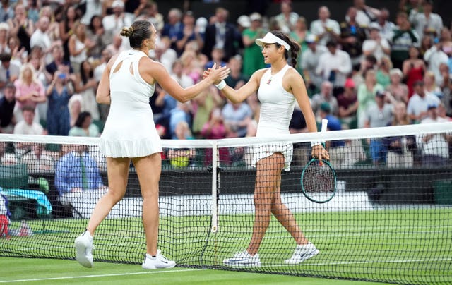 Emma Raducanu shakes hands with Aryna Sabalenka