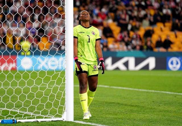 Haiti goalkeeper Kerly Theus reacts after England''s penalty is ordered to be retaken