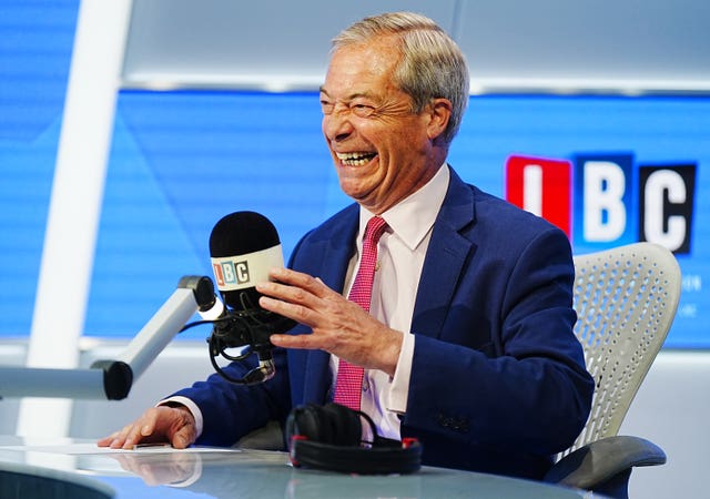 Reform UK leader Nigel Farage laughing during LBC’s Nick Ferrari at Breakfast show
