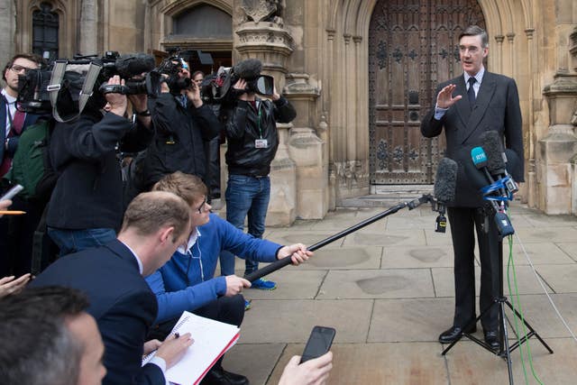 Jacob Rees-Mogg speaking outside the House of Commons after submitting his letter of no confidence in the Prime Minister (Stefan Rousseau/PA)