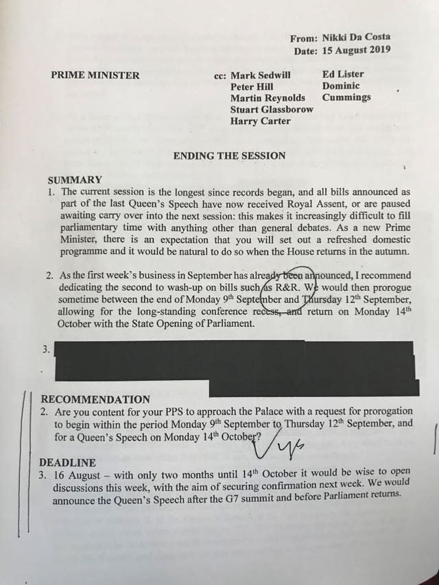 One of the redacted pages from documents about the planned prorogation of Parliament