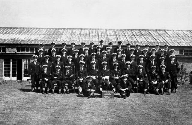 Lieutenant Philip Mountbatten, fifth from left, front row, with Course No 17 at the Royal Naval Petty Officers School, Kingsmoor, Corsham, Wiltshire, in 1947