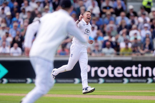 Brydon Carse celebrates taking the wicket of India’s Karun Nair
