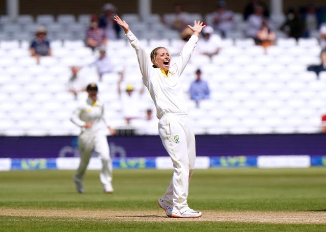 Ashleigh Gardner celebrates the wicket of Danni Wyatt in the Ashes Test at Trent Bridge
