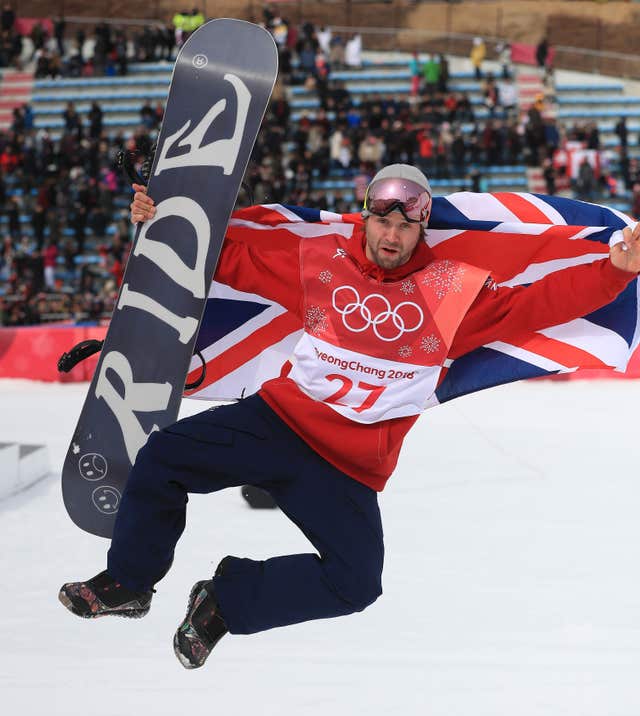 Great Britain’s Billy Morgan celebrates a bronze medal in the men’s Snowboarding Big Air at the Alpensia Ski Jumping Centre 
