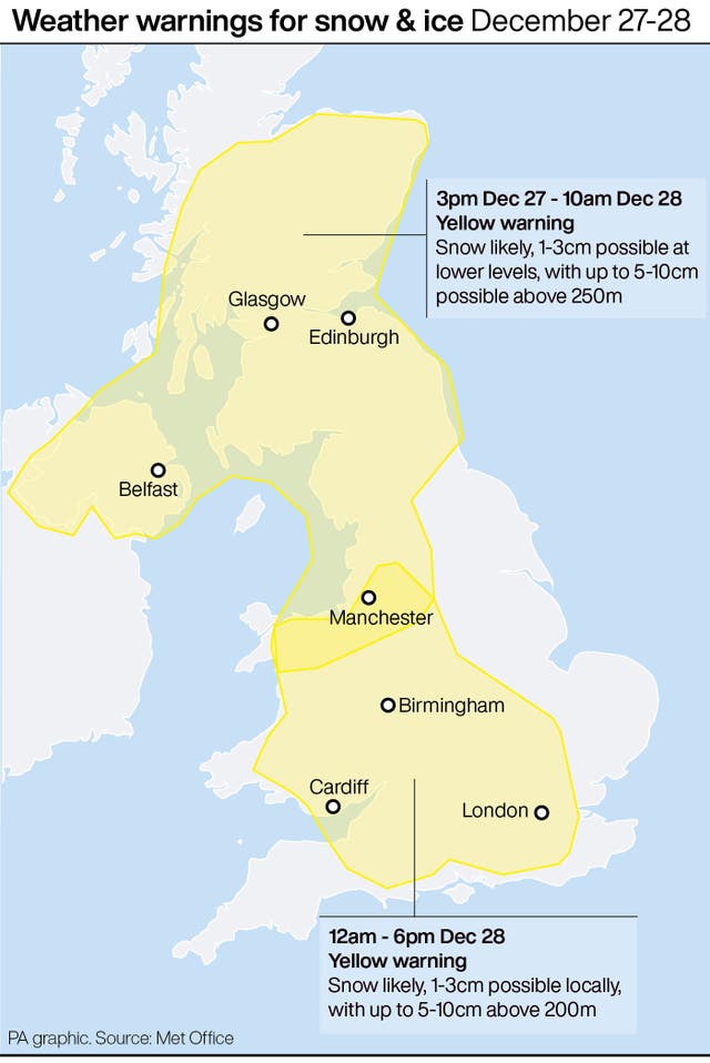 Weather warnings for snow and ice December 27-28 