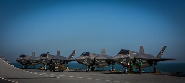 F-35B stealth jets of the US Marines Corps VMFA-211 (The Wake Island Avengers) aboard the Royal Navy carrier HMS Queen Elizabeth