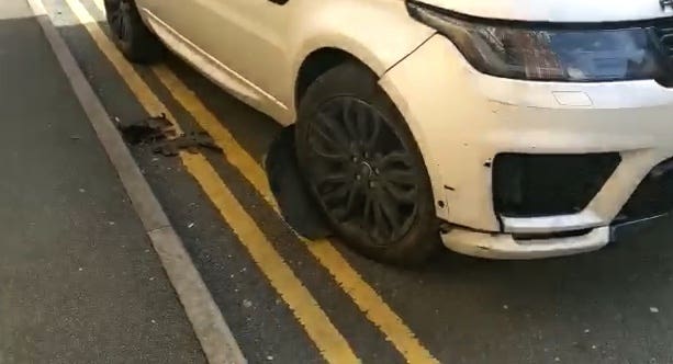 Screengrab taken from PA video dated March 29 of damage to a Range Rover driven carelessly by Aston Villa Captain Jack Grealish in Dickens Heath, near Solihull, West Midlands